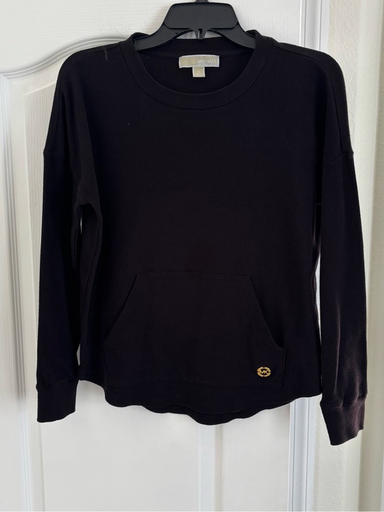 Michael Kors Tops - Women’s Michael Kors Black Waffle-Knit Pullover Hoodie with Kangaroo Pocket